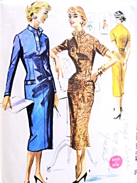 1950s CLASSY Slim Wiggle Dress Pattern Easy To Sew McCalls 3463 Slit Neckline Figure Show Off Style,Bust 30 Vintage Sewing Pattern
