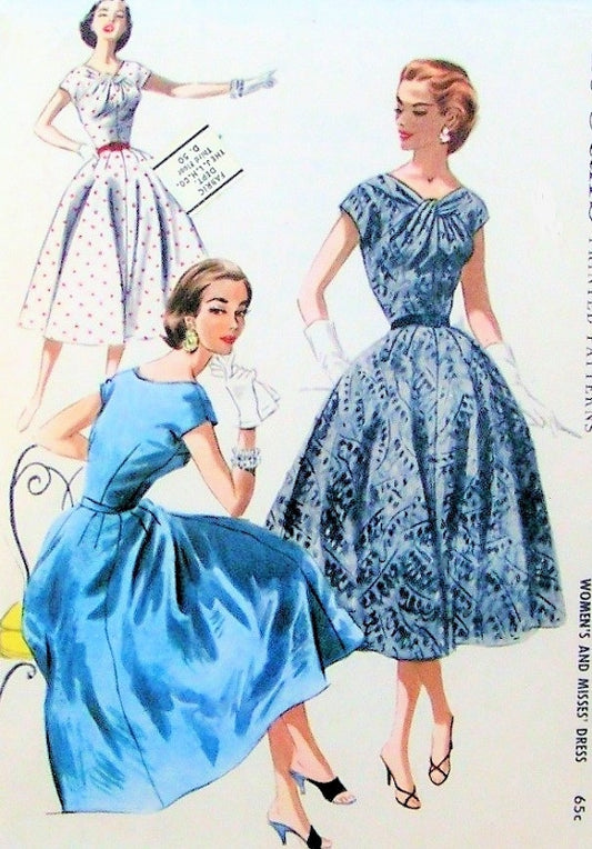1950s BEAUTIFUL Day or Cocktail Party Dress Pattern McCALLS 3577 Striking Twisted Neckline Fit n Flare Full Skirt Bust 30 Vintage Sewing Pattern