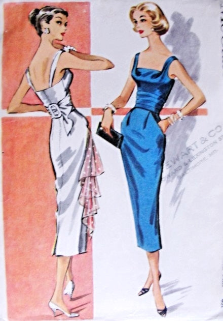 1950s GORGEOUS Slim Cocktail Evening Dress Pattern McCALLS 3992 Striking Draped Square Neckline Low Strappy Back Cummerbund With Back Buckle Bust 32 Vintage Sewing Pattern