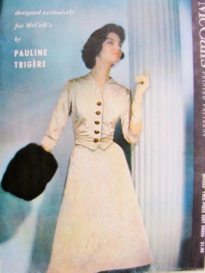 1950s Lovely Pauline Trigere Two Pc Suit Dress Pattern Exclusive Design McCalls 4255 Day or Evening Beautiful  Fitted Waistcoat Style Jacket Crushed Waist Sides Flattering Flared Skirt Bust 34 Vintage Sewing Pattern