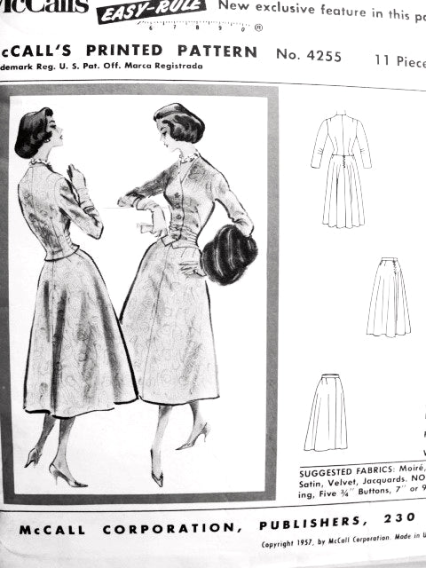 1950s Lovely Pauline Trigere Two Pc Suit Dress Pattern Exclusive Design McCalls 4255 Day or Evening Beautiful  Fitted Waistcoat Style Jacket Crushed Waist Sides Flattering Flared Skirt Bust 34 Vintage Sewing Pattern