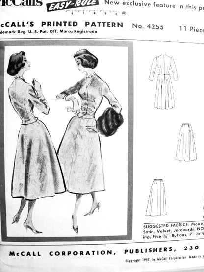 1950s Lovely Pauline Trigere Two Pc Suit Dress Pattern Exclusive Design McCalls 4255 Day or Evening Beautiful  Fitted Waistcoat Style Jacket Crushed Waist Sides Flattering Flared Skirt Bust 34 Vintage Sewing Pattern