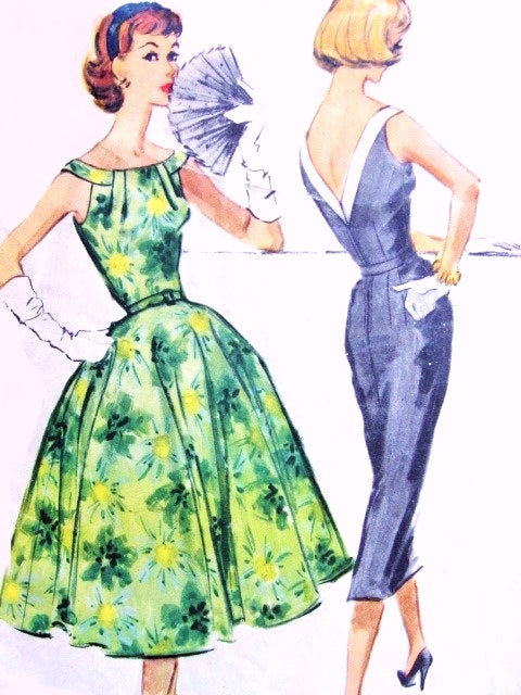 1950s BEAUTIFUL Cocktail Party Dress Pattern McCalls 4417 Eye Catching Gathered Neckline Low V Back, Full or Slim Skirt Bust 34 Vintage Sewing Pattern