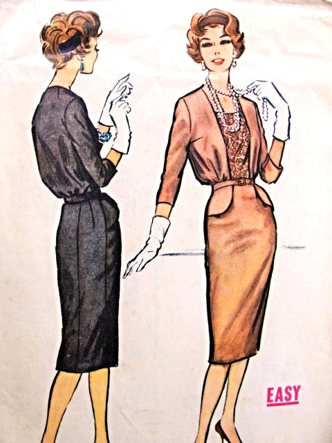 1950s Blouson Front Peplum Dress Pattern Easy To Sew Slim Dress Day or Evening McCalls 4752 Vintage Sewing Pattern Bust 40