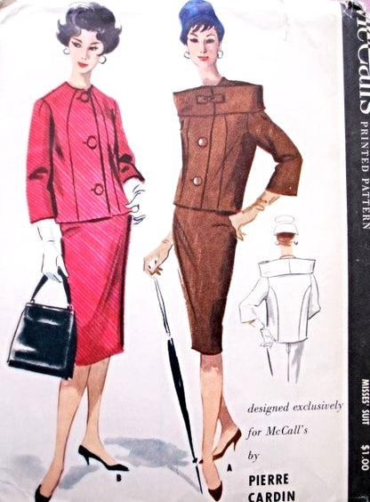 1950s CHIC Pierre Cardin Unique Suit Pattern McCALLs 5099 Stunning Slim Skirt 2 Pc Suit , Unique Striking Stand Up Collar Version  Bust 34 Vintage Sewing Pattern