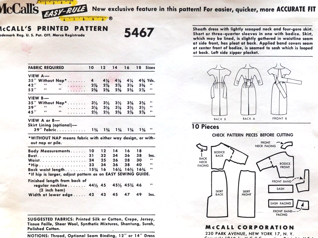 1960 STUNNING Sheath Dress Pattern McCALLs 5467 Perfect Daytime or After 5 Slim Dress, Bust 32 Vintage Sewing Pattern FF