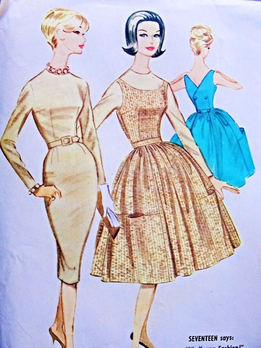 1960 MAD MEN Dress Pattern McCALLS 5517 Wiggle Sheath Dress or Full Skirt Back Wrapped Jumper Large Pockets Bust 31 Vintage Sewing Pattern UNCUT