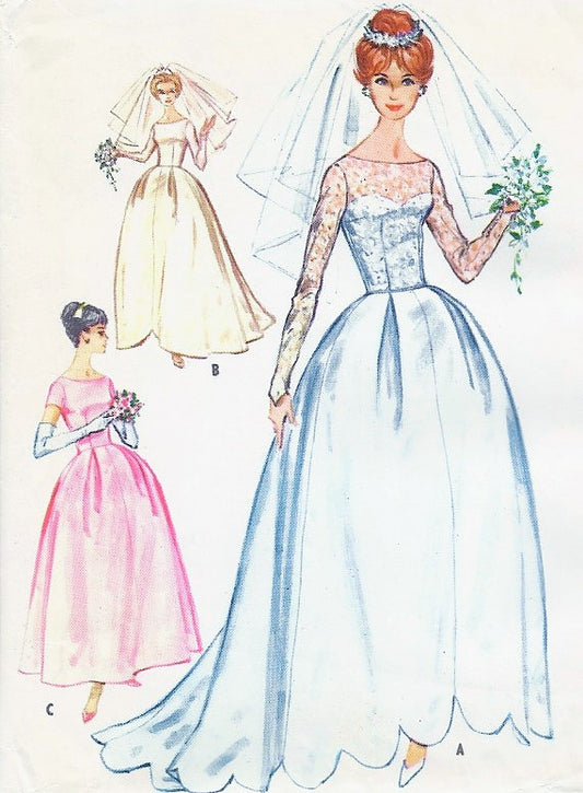 1960 Beautiful Wedding Gown or Bridesmaids Dress Pattern Two Lengths, With Train Option, Unique Scallop Hemline Version Mad Men Era McCalls 5674 Vintage Sewing Pattern Several Sizes UNCUT