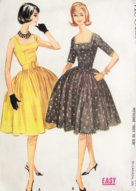 1960s LOVELY Cocktail Party Dress Pattern McCALLS 5729 Square Neckline Full Skirt With Attached Petticoat 1960 Miss America Style Easy To Sew Bust 31 Vintage Sewing Pattern FF