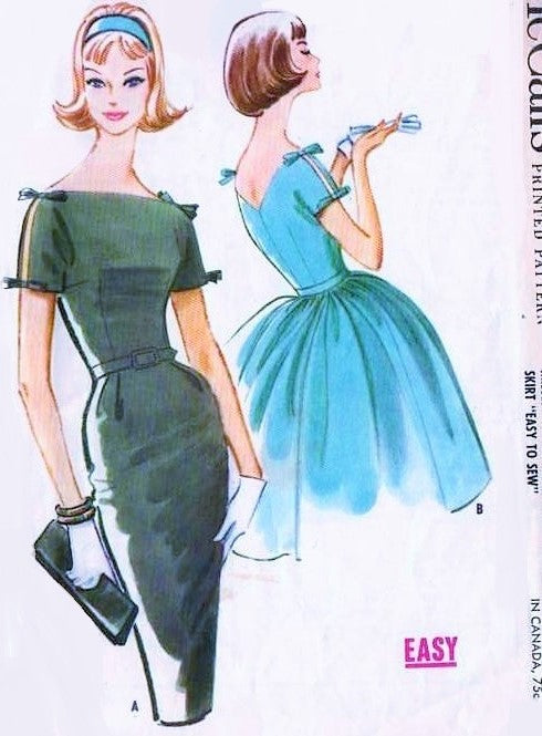 1960s BEAUTIFUL Party Dress Pattern McCALLS 5776 Cocktail Evening Bombshell Slim or Full Skirt  Bateau Neckline V Back Flirty Split Sleeves With Ties Bust 33 Easy To Sew Vintage Sewing Pattern