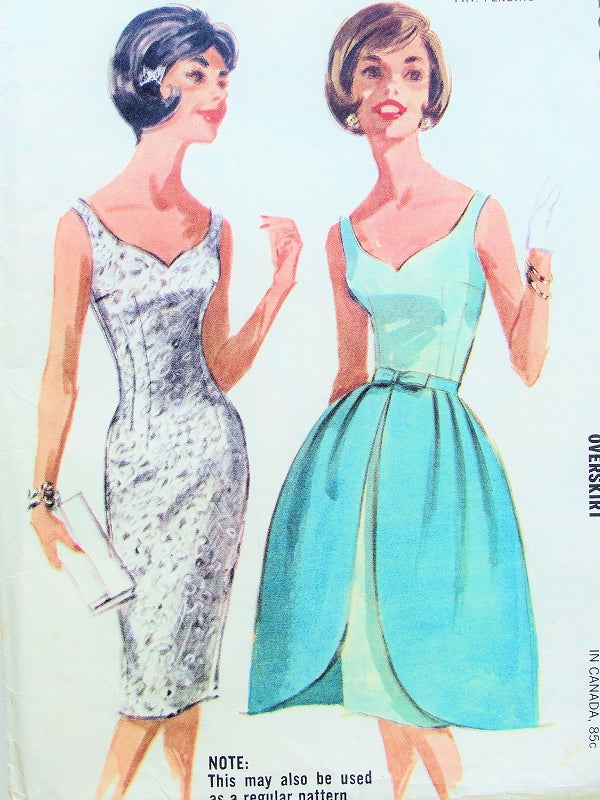 1960s Mad Men Style Cocktail Party Dress Pattern McCalls 6277 Glove Fitting Sheath with Over Skirt, Sweet Heart Neckline Vintage Sewing Pattern