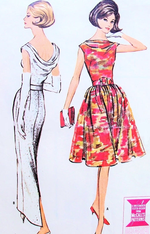 1960s GORGEOUS Evening Dress Pattern McCALLS 7052 Slim or Full Skirt ,Eye Catching Low Bias Draped Cowl Back, Draped Bateau Neckline Bust 34 Vintage Sewing Pattern FF