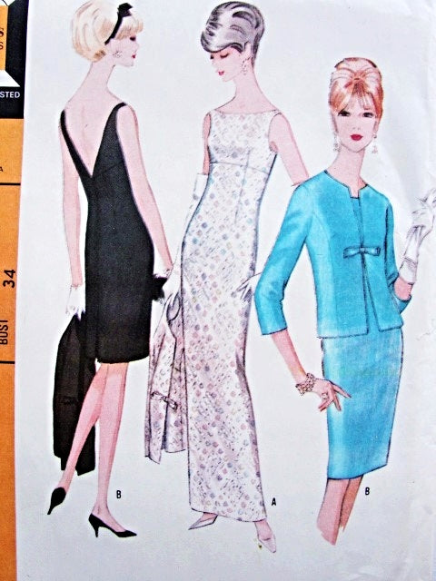 1960s Elegant Empire Slim Evening Dress and Jacket McCalls 8523 Formal Length or Short Cocktail Length Deep V Back Bateau Neckline Classy Design Bust 34 Vintage Sewing Pattern FACTORY FOLDED