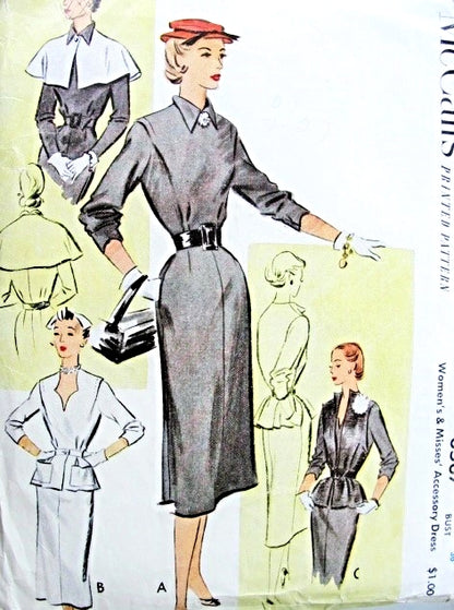 1950s Stunning Accessory Dress Pattern McCalls 8587 Three Beautiful Versions and Short Cape Vintage Sewing Pattern Bust 30