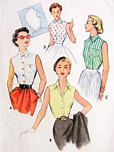 1950s ROCKABILLY Style Sleeveless Blouse Pattern McCALLS 9028 Four Style Versions Bust 30 Vintage Sewing Pattern