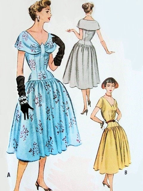 1950s Beautiful Cocktail Party Dress Pattern Fitted Longer Bodice, Full Skirt,Cape Collar or Low Notched Neckline, Very Unique Design McCalls 9245 Vintage Sewing Pattern Bust 34