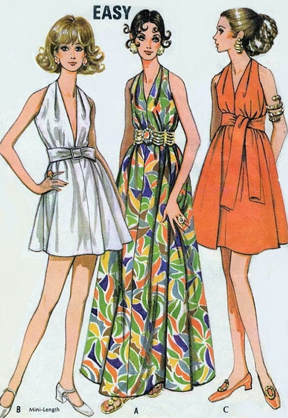 1960s Goddess Cocktail Evening Party Dress Pattern McCalls 9656 Plunging Neckline Mini, Regular or Formal Full Length Vintage Sewing Pattern UNCUT