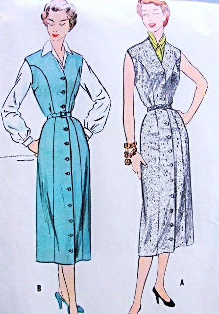 1950s Classic Front Button Dress or Jumper and Blouse Pattern McCalls 9879 Flattering Princess Seam V Neckline Bust 32 Vintage Sewing Pattern
