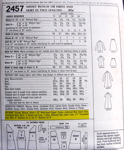 1970s FAB 1970's Blouse or Dress and Skirt in 2 Lengths Pattern McCALLs 2457 Mini or Midi Skirts Bust 32 Vintage Sewing Pattern FF
