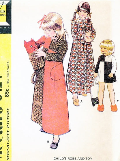 70s Little Girls Robe, Stuffed Toy Cat Pattern McCalls 342 Childrens Size 5 Bathrobe Cuddly Toy Vintage Sewing Pattern UNCUT