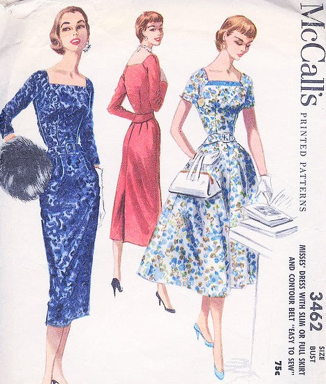 1950s LOVELY Day or Cocktail Evening Dress Pattern McCALLS 3462 Slim or Full Skirt Sq Neckline Dress Easy To Sew Bust 30 Vintage Fifties Sewing Pattern