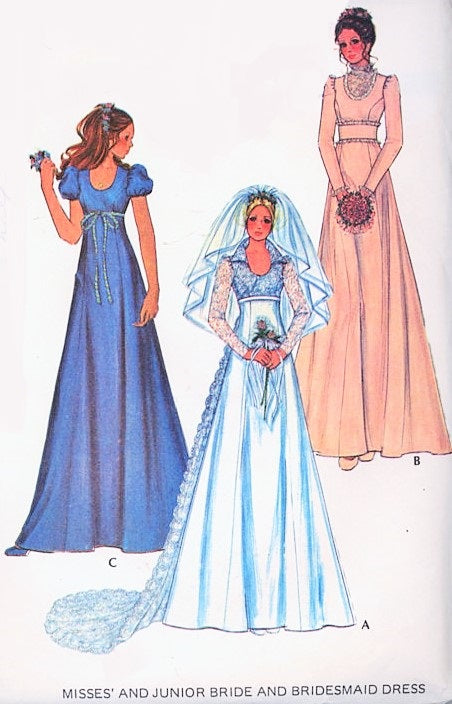 1970s Bridal Dress Wedding Gown Pattern McCalls 3770 Beautiful Romantic Empire with Long Train or Midriff Styles Includes Bridesmaid Dress Vintage Sewing Pattern FACTORY FOLDED