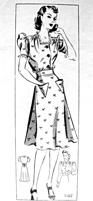 1940s War Time Pretty Dress Pattern Puff Sleeves, Square Neckline, Cone Shape pockets WW II Era  Marian Martin 9187 Vintage Sewing Pattern Bust 30