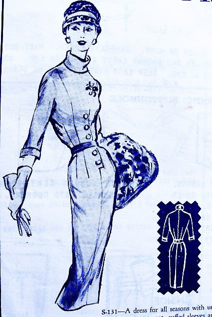 1950s Slim BOMBSHELL Sheath Dress Pattern MODES ROYALE 131 Totally Classy Dress ,Unusual Button Treatment,, Bust 34 Vintage Sewing Pattern Factory Folded