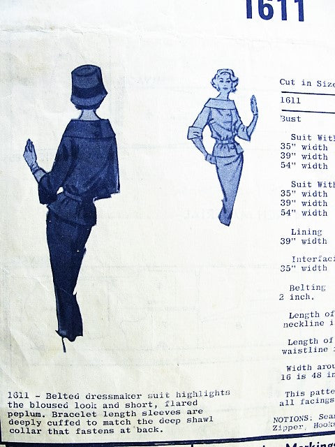 1950s BOMBSHELL Suit Pattern MODES ROYALE 1611 Stunning Belted Suit Jacket Stand Away Shawl Collar ,Slim Skirt Bust 36 Vintage Sewing Pattern