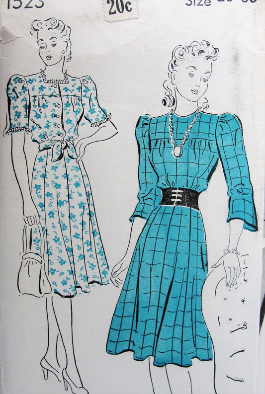 1930s Vintage LOVELY Dress with Eight Gored Skirt and High Round or Square Neckline New York 1523 Sewing Pattern Bust 38