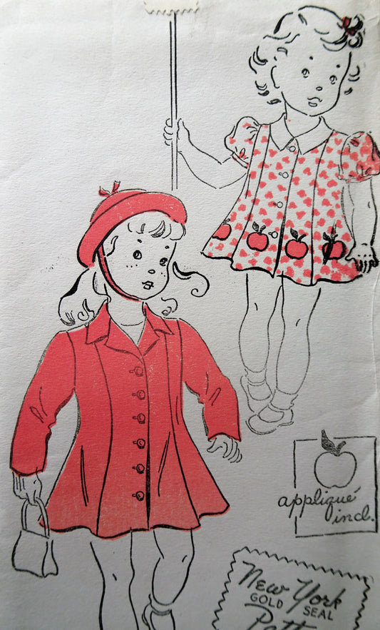 1940s ADORABLE Little Girls Dress and Coat Pattern NEW YORK 1650 Cute Princess Dress with Applique Transfer and Coat Size 3 Vintage Sewing Pattern FF