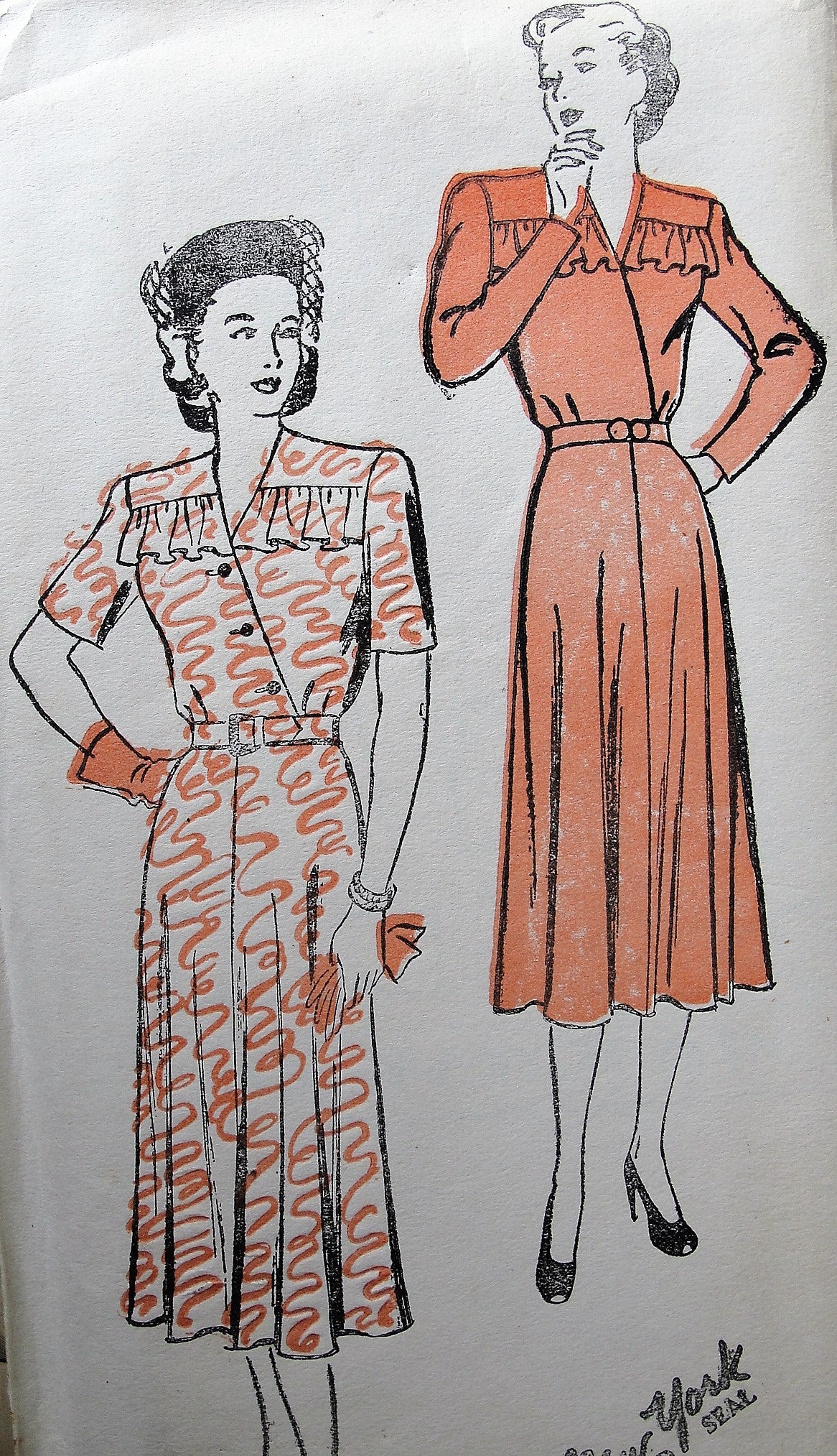 1940s Vintage CHARMING Dress with Ruffled Neckline New York 242 Sewing Pattern Bust 36