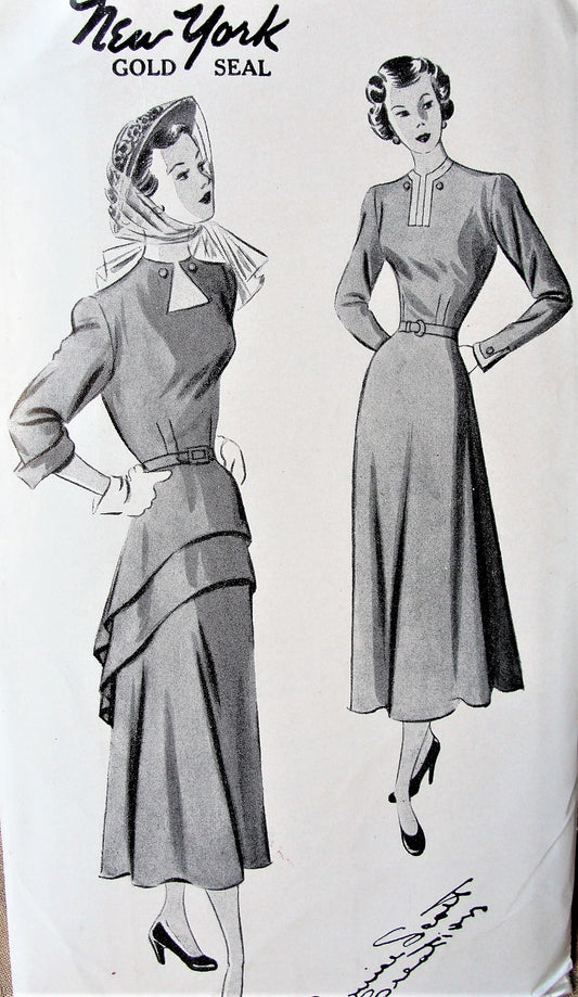 1940s BEAUTIFUL Day or Cocktail Party Evening Dress Pattern NEW YORK 482 Louise Scott Design 2 Lovely Styles Slit or Keyhole Necklines,Double Cascade Peplum Version Bust 34 Vintage Sewing Pattern FACTORY FOLDED