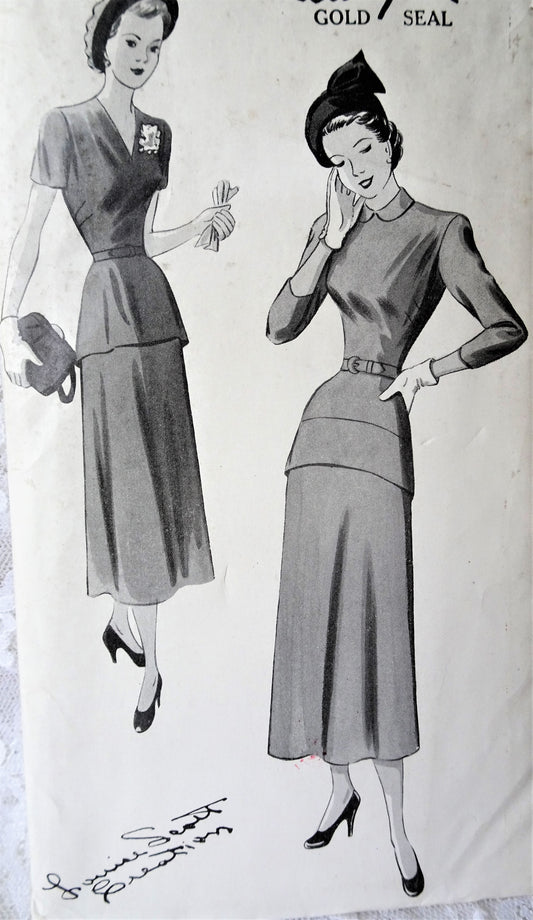 Late 1940s CLASSY Peplum Dress Pattern NEW YORK 502 Louise Scott Creation, Daytime or Evening,2 Versions, Bust 36 Vintage Sewing Pattern FACTORY FOLDED