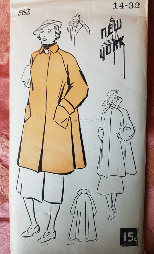 1930s FABULOUS Swing Back Coat Pattern NEW YORK 582, Stunning 2 Styles of Collars and Sleeves, Bust 32 Vintage Sewing Pattern FACTORY FOLDED