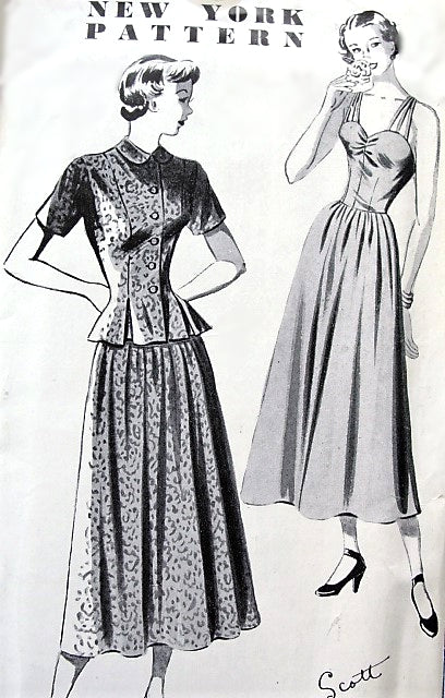 1940s BEAUTIFUL Strappy Dress and Pleated Peplum Jacket Pattern Louise Scott Designer NEW YORK 666 Daytime or Party Dress Bust 32 Vintage Sewing Pattern FACTORY FOLDED
