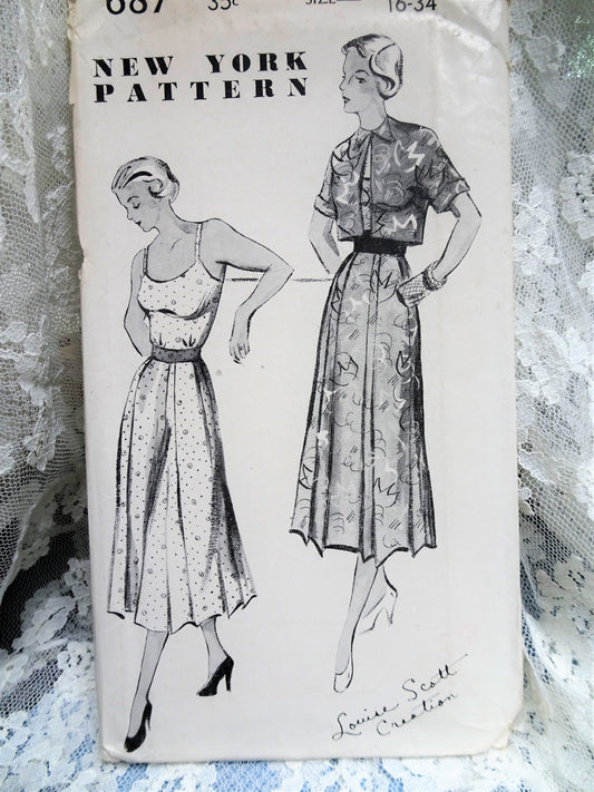 1940s LOVELY Dress and Jacket Pattern New York 687 Louise Scott Creation Figure Flattering Design Bust 34 Vintage Sewing Pattern FF