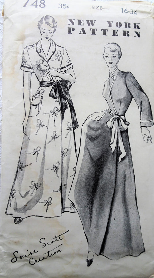 1940s GLAM Housecoat Hostess Robe Pattern NEW YORK 748 Two Beautiful Styles a Louise Scott Creation Design Bust 34 Vintage Sewing Pattern FACTORY FOLDED
