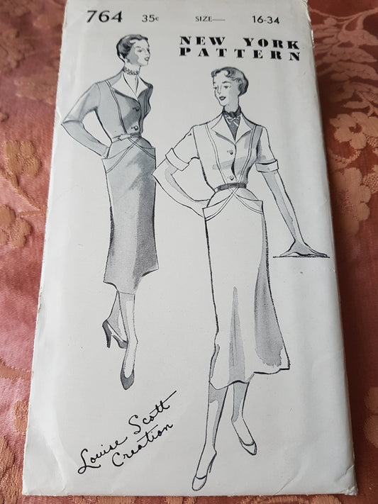 1950s  Louise Scott Creation Unique Slim Dress Pattern, New York 764, Bust 34 Vintage Sewing Pattern FF
