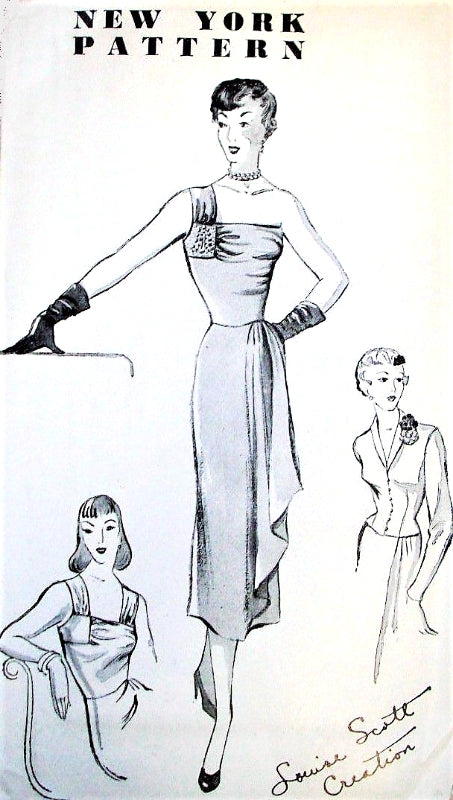 1940s UNIQUE Evening Cocktail Party Dress Pattern NEW YORK 808 Louise Scott Creation, Strappy or 1 Strap Cascade Drapery Slim Dress and Fitted Jacket Bust 34 Vintage Sewing Pattern FACTORY FOLDED