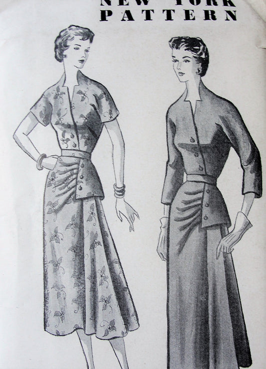 1940s STUNNING Cocktail Party Dress Pattern NEW YORK 825 Louise Scott Designed UNIQUE Side Peplum Dress, Notched Neckline Bust 30 Vintage Sewing Pattern FACTORY FOLDED