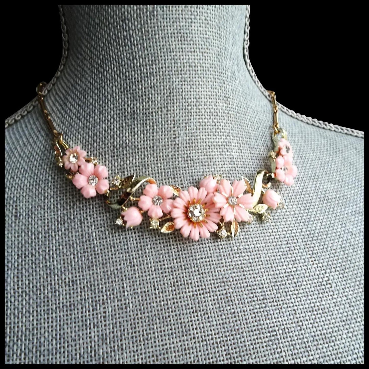 LOVELY Vintage Pink Floral Necklace,Sparkling Glass Centers, Signed Jewelry, 1950s Necklace Mid Century, Collectible Vintage Jewelry