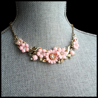 LOVELY Vintage Pink Floral Necklace,Sparkling Glass Centers, Signed Jewelry, 1950s Necklace Mid Century, Collectible Vintage Jewelry