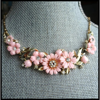 LOVELY Vintage Pink Floral Necklace,Sparkling Glass Centers, Signed Jewelry, 1950s Necklace Mid Century, Collectible Vintage Jewelry