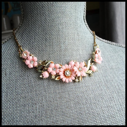 LOVELY Vintage Pink Floral Necklace,Sparkling Glass Centers, Signed Jewelry, 1950s Necklace Mid Century, Collectible Vintage Jewelry