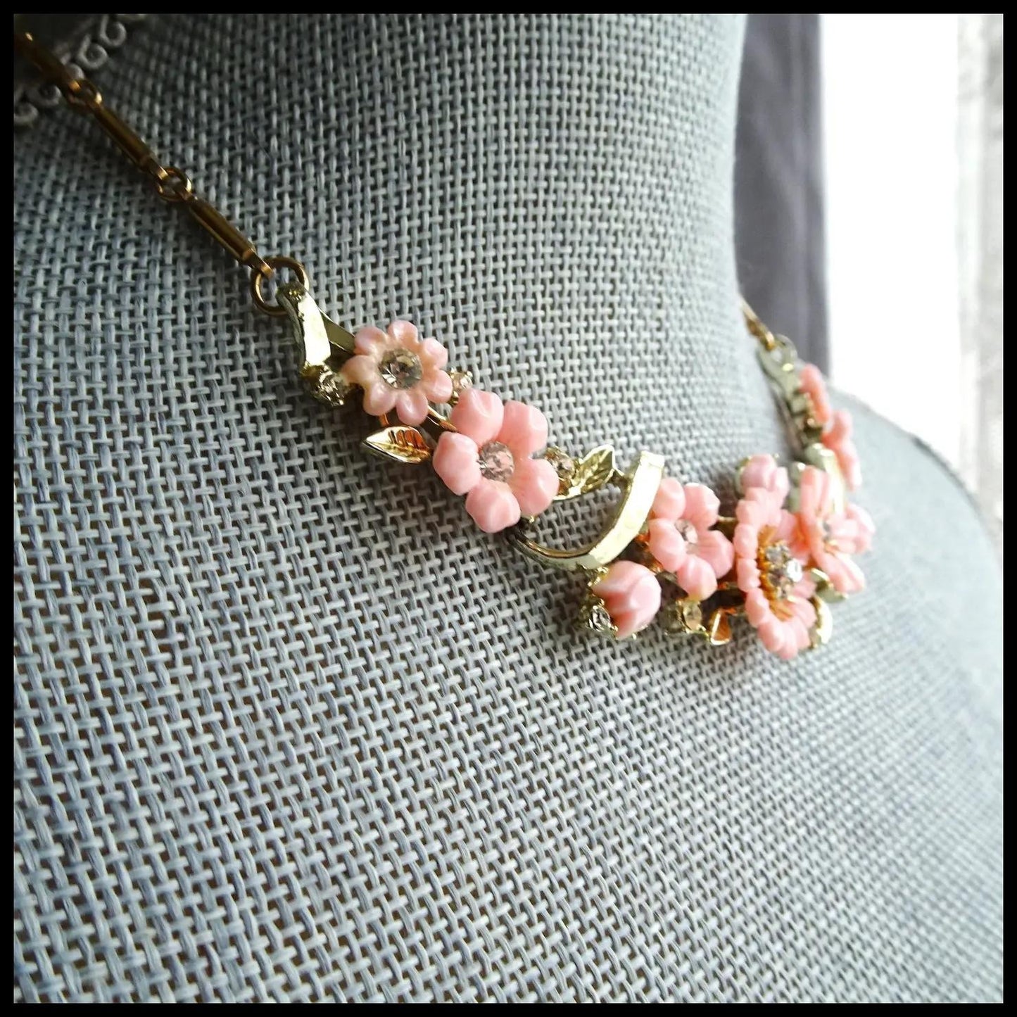 LOVELY Vintage Pink Floral Necklace,Sparkling Glass Centers, Signed Jewelry, 1950s Necklace Mid Century, Collectible Vintage Jewelry