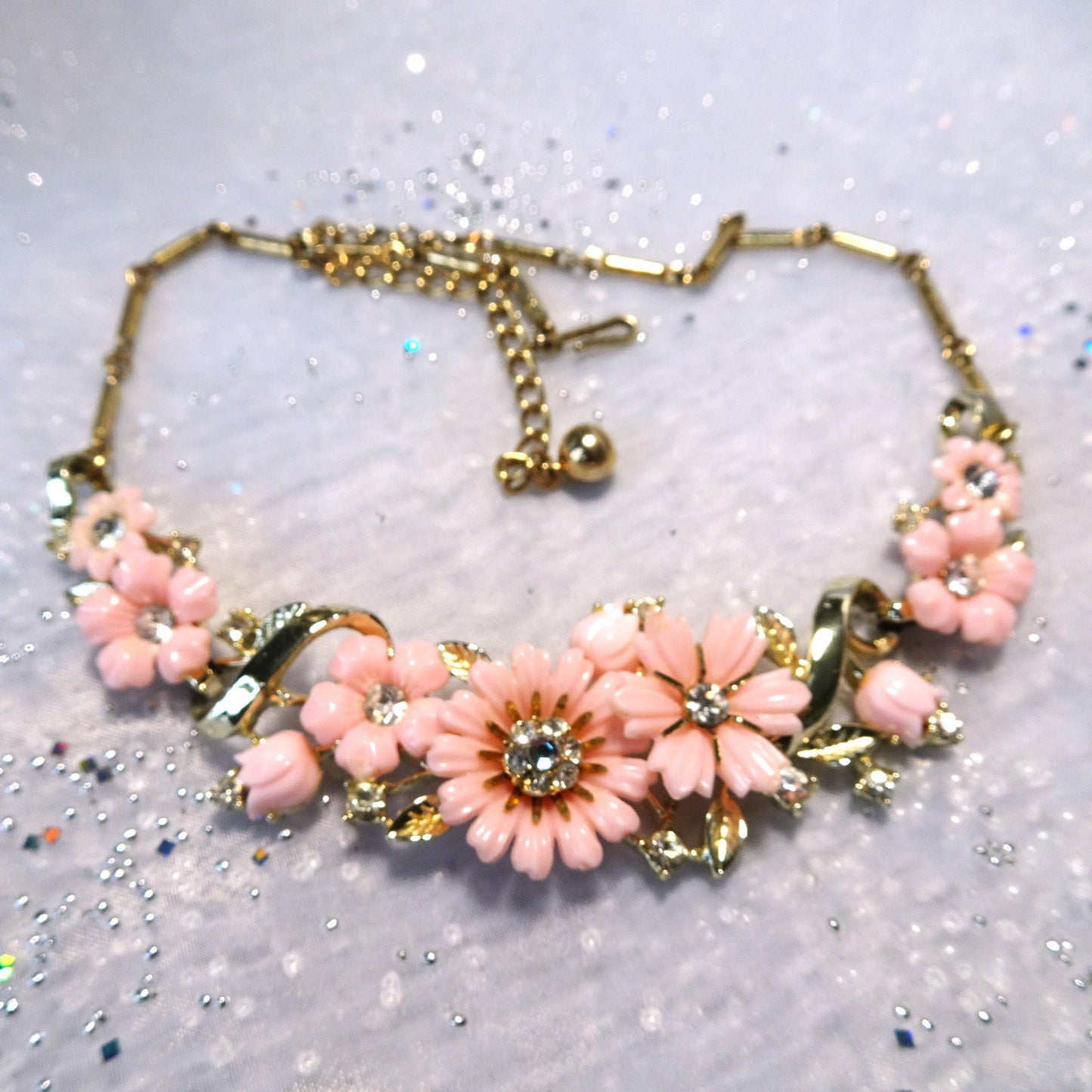 LOVELY Vintage Pink Floral Necklace,Sparkling Glass Centers, Signed Jewelry, 1950s Necklace Mid Century, Collectible Vintage Jewelry