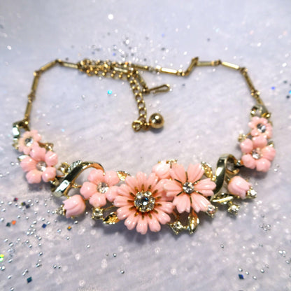 LOVELY Vintage Pink Floral Necklace,Sparkling Glass Centers, Signed Jewelry, 1950s Necklace Mid Century, Collectible Vintage Jewelry