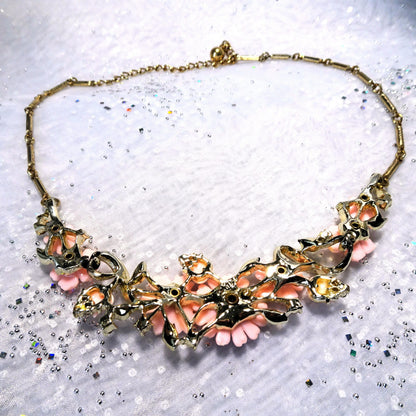 LOVELY Vintage Pink Floral Necklace,Sparkling Glass Centers, Signed Jewelry, 1950s Necklace Mid Century, Collectible Vintage Jewelry