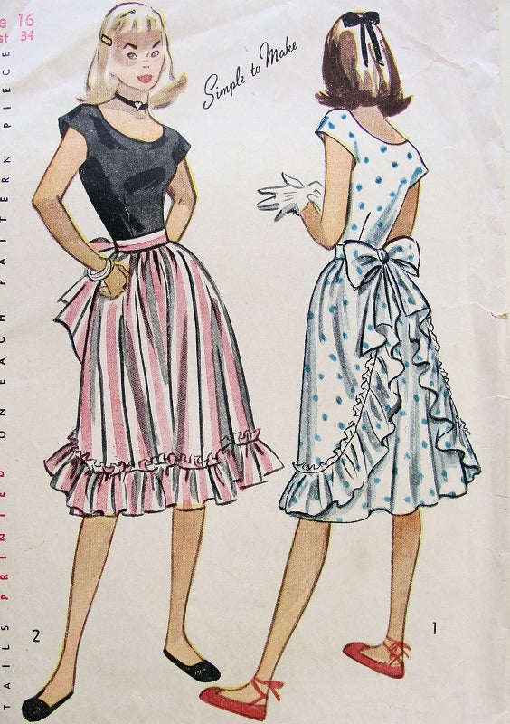 1940s Pretty Dress Pattern Simplicity 1927 Scoop Neckline Bodice, Simulated Ruffled Apron Skirt Flirty Style Bust 34